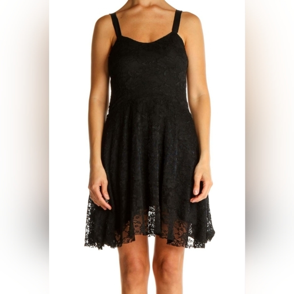 Free‎ People Black Lace Mini Dress with Flocked Navy Blue Velvet Size Small - Picture 3 of 15